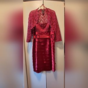 2 piece burgundy layer dress with lace trim and jacket and built in bra